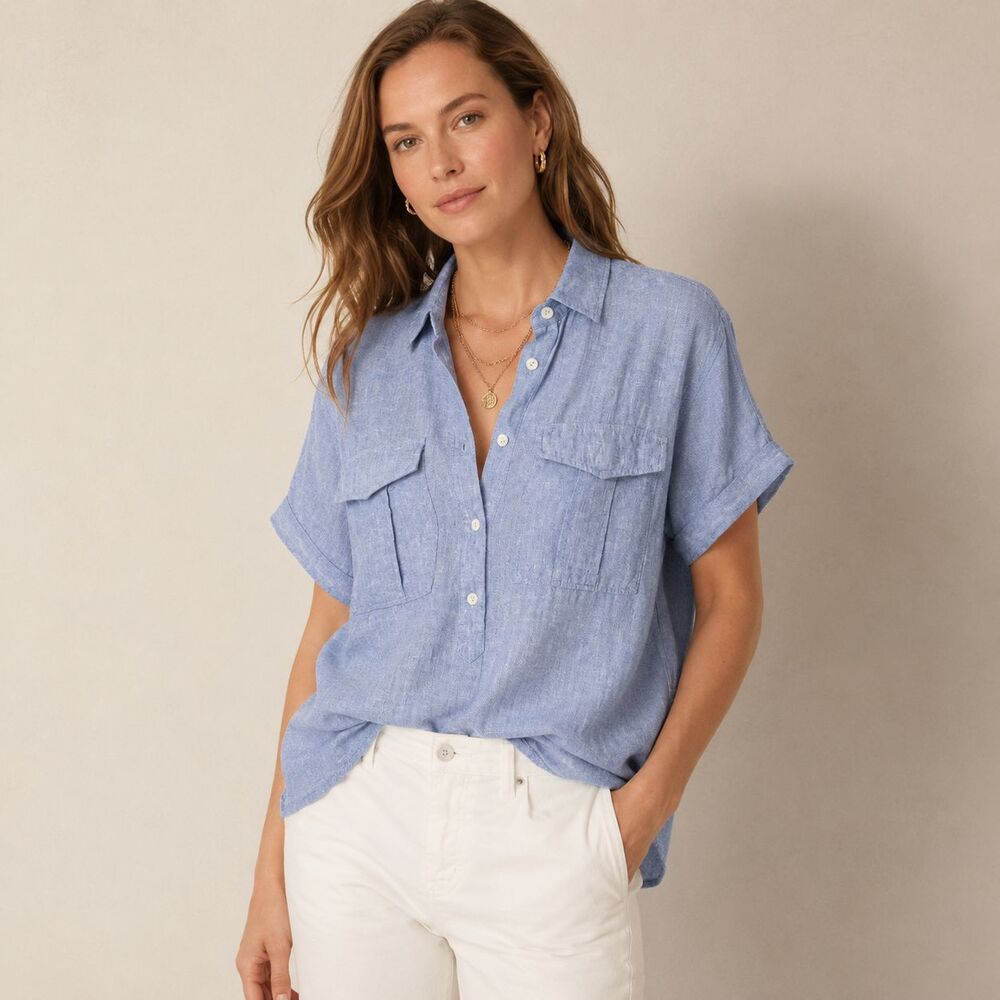 J CREW Baird McNutt Irish Linen Popover Top Women 6T Blue Chambray Quiet Luxury